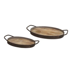 Rustic Wood Grain Tray with Industrial Metal Handles (Set of 2)