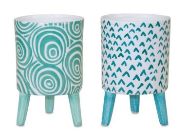 Blue Patterned Pot with Legs (Set of 2)