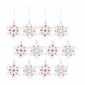 White Glass Snowflake Ornament with Red Bead Accent (Set of 12)