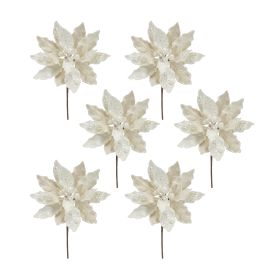 Ivory Velvet Poinsetta Stem with Gold Bead Accents (Set of 6)