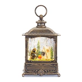 LED Snow Globe Lantern with Bear and Camp Scene 10"H