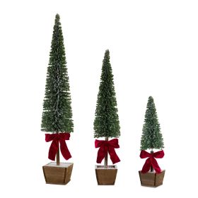 PVC Bottle Brush Design Pine Tree Décor with Bow (Set of 3)