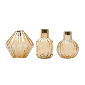 Mid Century Amber Glass Vase with Taper Candle Holder Insert (Set of 3)