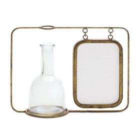 Distressed Metal Hanging Photo Frame with Bottle Vase 10"L