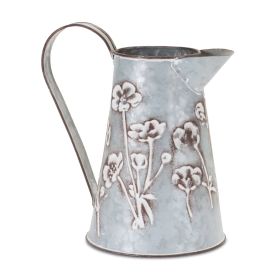 Floral Stamped Metal Pitcher Vase 8.75"H