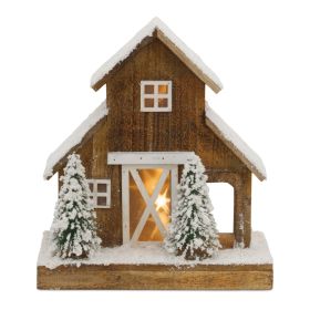 LED Flocked Winter Barn Display 12"H