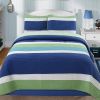Twin Size Navy Blue/Green/Teal/White Stripe 100-Percent Cotton Quilt Set