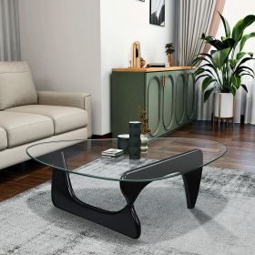 Noguchi-Style Glass Triangle Coffee Table Wood Base Black 12mm thickness Fit For Living Room