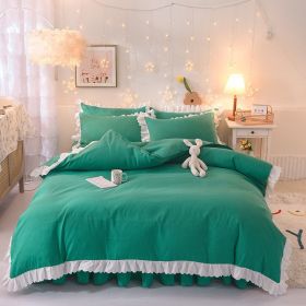 Princess Style Girl Brushed Multicolor 4-piece Set Quilt Cover Sheet Pillowcase Spring Autumn Winter Solid Fleece Thick Bedskirt (Color: Dark Green)